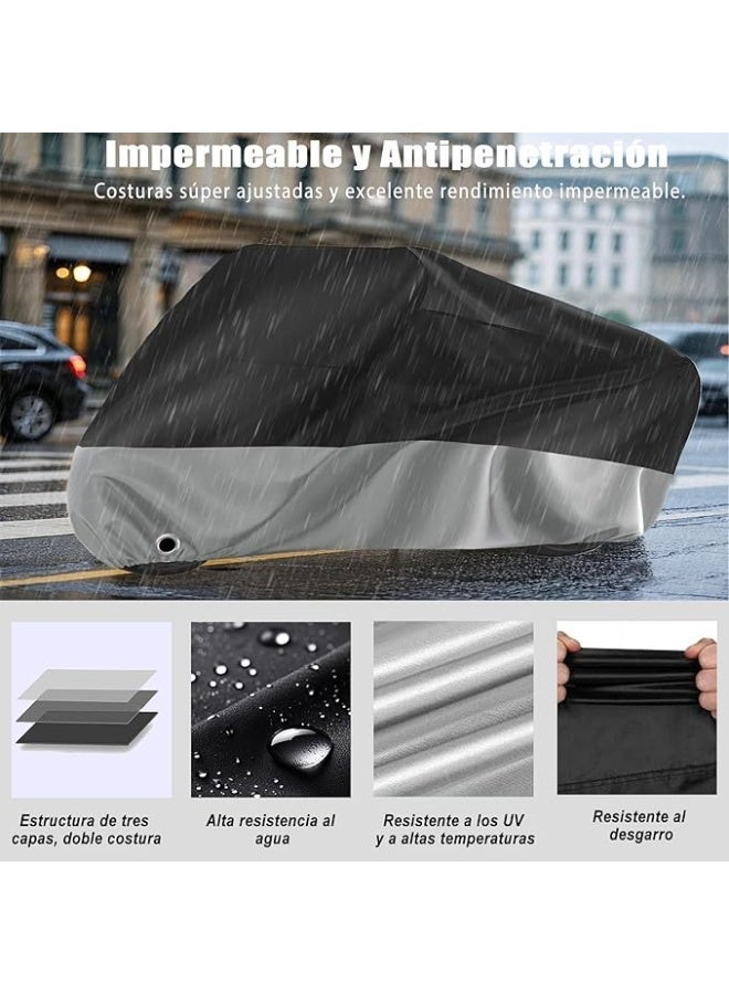 غطاء دراجة نارية مقاوم للماء، غطاء للدراجة النارية يحمي من الأشعة فوق البنفسجية والغبار والمطر والطقس، واقٍ خارجي للدراجة النارية مع فتحتين للقفل، مقاس XL فضى و أسود - Image 5